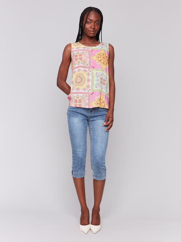 Carousel print top with button closure detail by Charlie B.