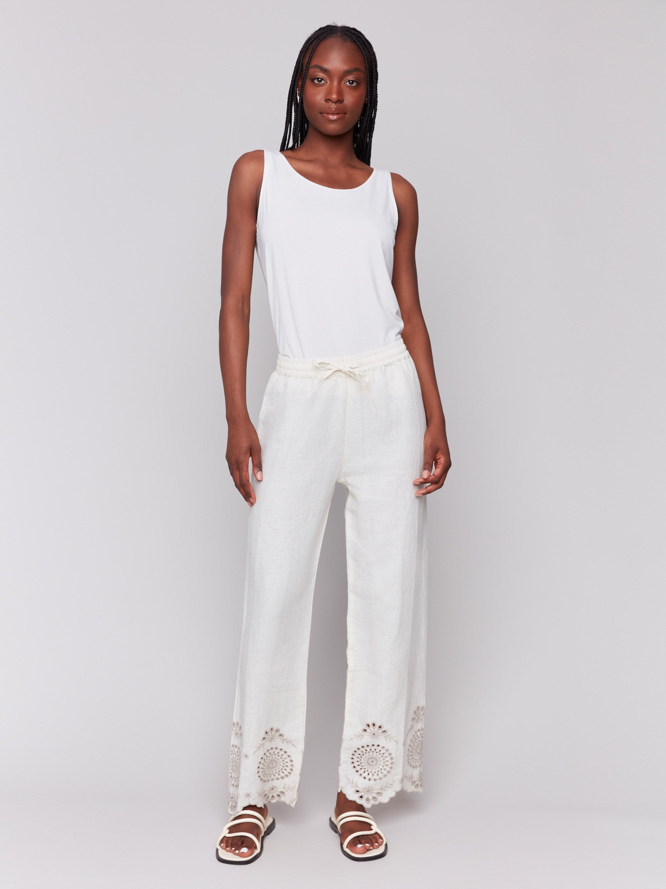 Linen pants featuring a long length and elastic waistband by Charlie B.