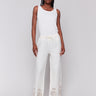 Linen pants featuring a long length and elastic waistband by Charlie B.