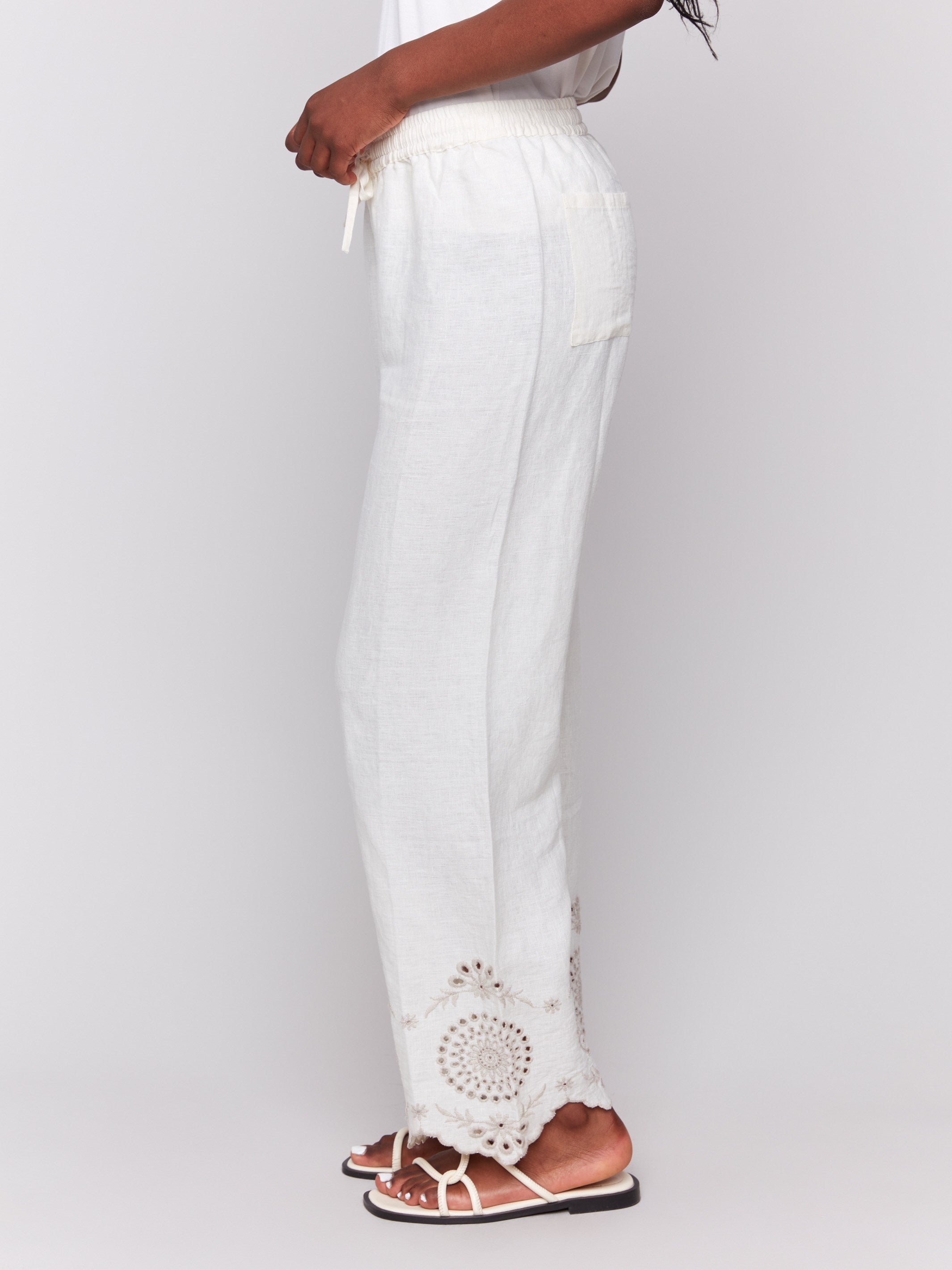 Natural linen pants designed with regular rise by Charlie B.