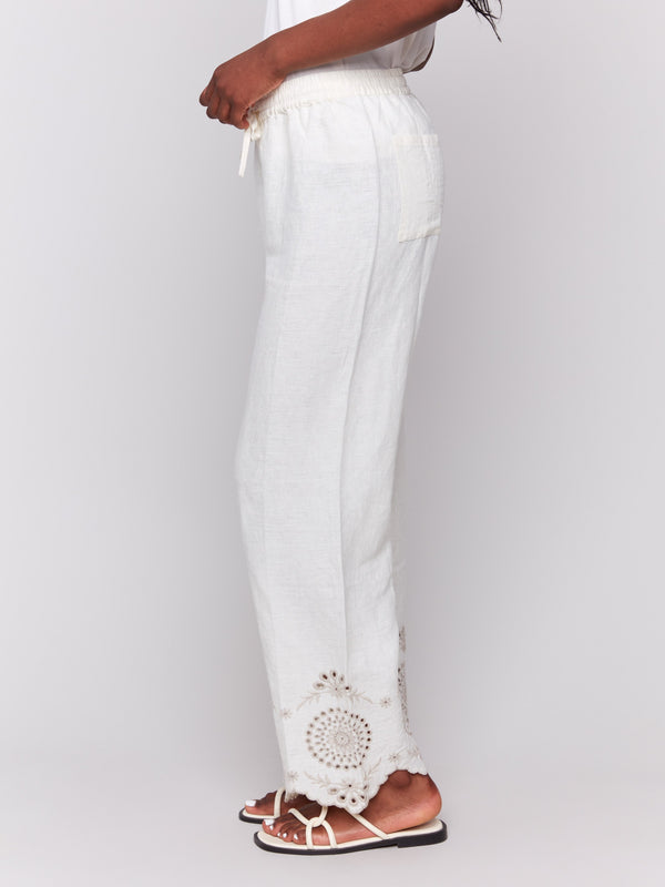 Natural linen pants designed with regular rise by Charlie B.