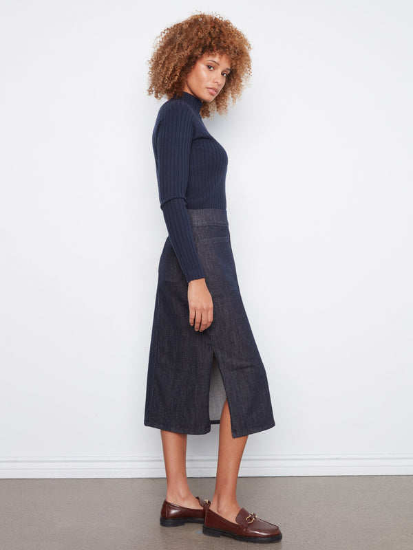 Pull-On Stretch Denim Midi Skirt - Deep Blue