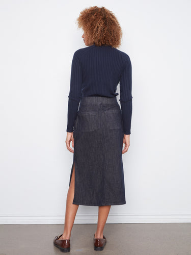 Elegant stretch denim skirt designed for comfort and style in a regular rise, by Charlie B.