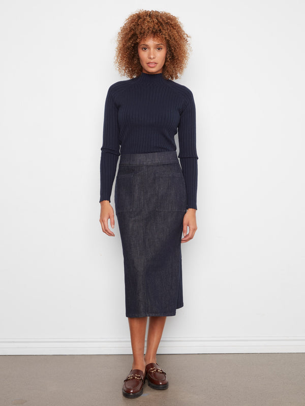 Pull-On Stretch Denim Midi Skirt - Deep Blue