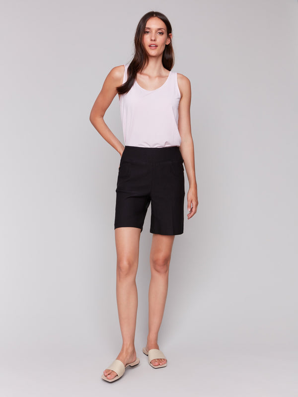 Chic design of black pull-on shorts by Charlie B.
