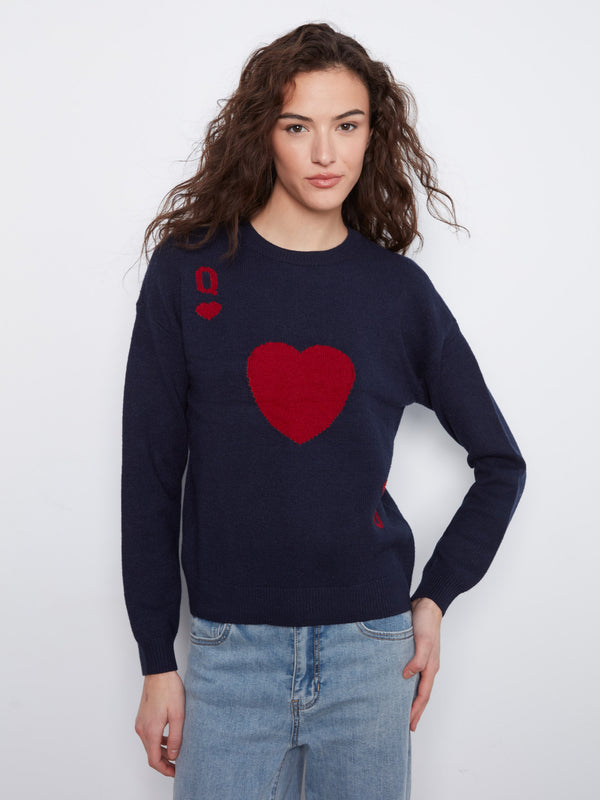 Queen Of Hearts Crew Neck Sweater - Navy