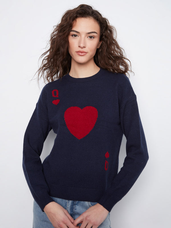 Queen Of Hearts Crew Neck Sweater - Navy