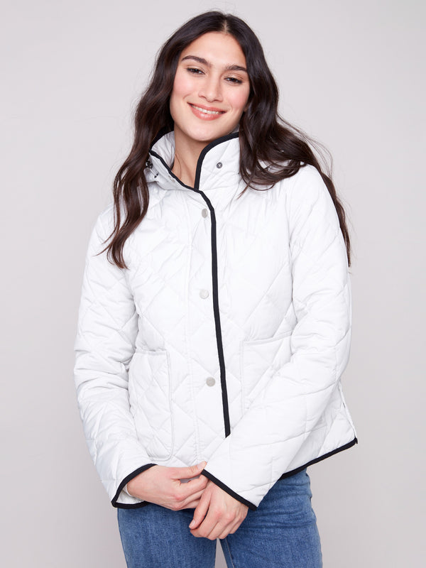 Stylish almond jacket featuring removable hood and front patch pockets for versatile wear by Charlie B.