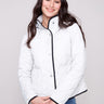 Stylish almond jacket featuring removable hood and front patch pockets for versatile wear by Charlie B.
