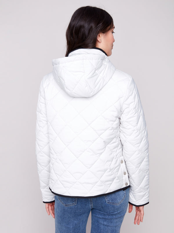 Elegant quilted puffer in almond with practical side patch pockets for added convenience by Charlie B.