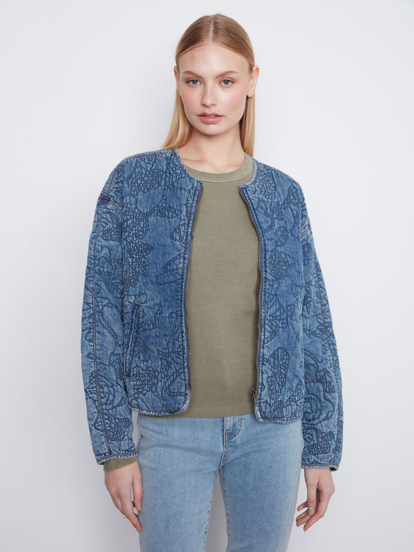 Quilted Tencel Denim Bomber Jacket - Medium Blue