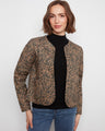 Leopard print jacket with an open front, featuring stylish patch pockets for added functionality. By Charlie B.