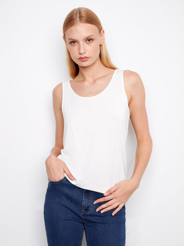 Versatile white top showing off its reversible design and scoop neck elegance by Charlie B.