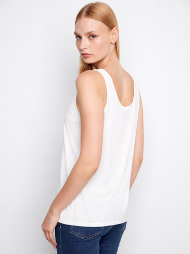 Classic white top highlighting the scoop neck and versatility of its reversible style by Charlie B.