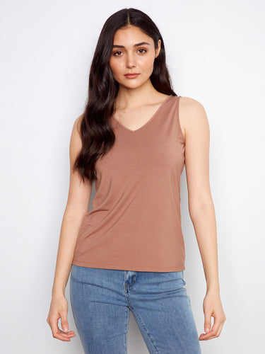 Stylish brown tank featuring a V-neck option, offering an elegant and modern touch to any outfit by Charlie B.