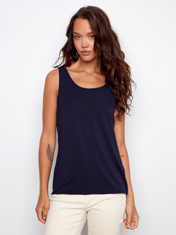 Navy sleeveless top with a scoop neck, offering a relaxed fit for casual comfort by Charlie B.