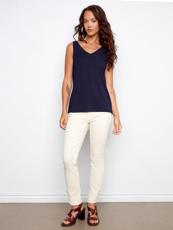 Elegant navy tank showcasing a reversible style, perfect for varied looks by Charlie B.