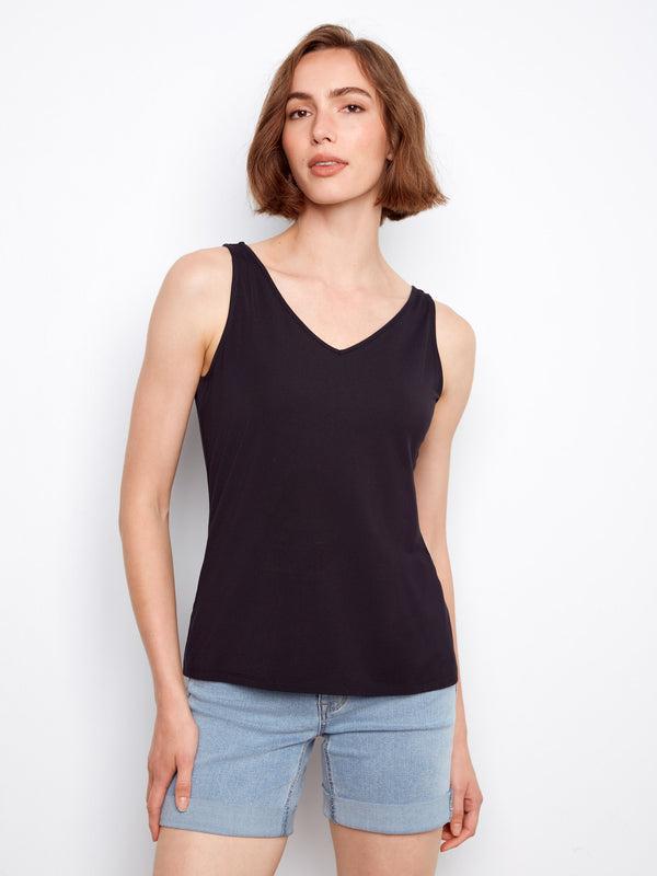 Black bamboo cami with a relaxed fit, perfect for versatile styling by Charlie B.