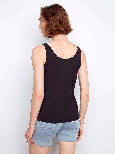 Black cami with V-neck option, crafted from soft bamboo fabric by Charlie B.