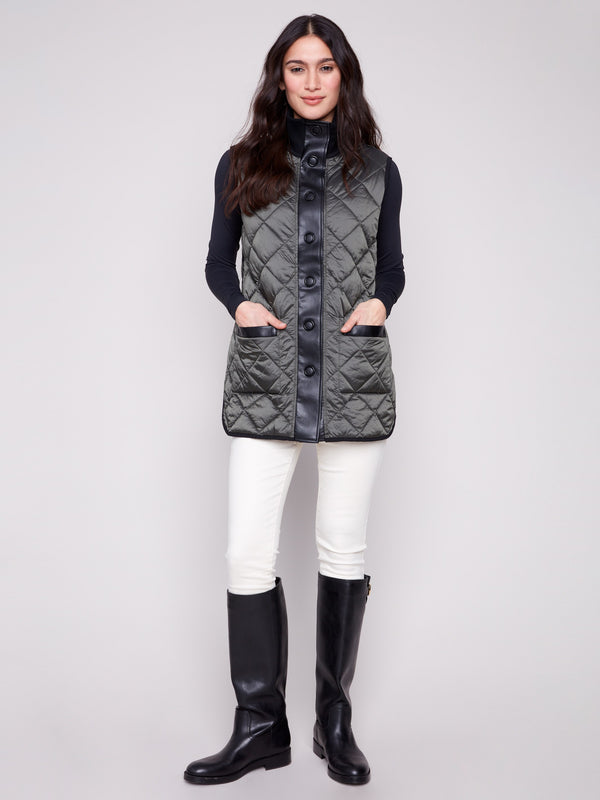 Spruce reversible vest with quilted texture and front patch pockets, ideal for versatile styling by Charlie B.