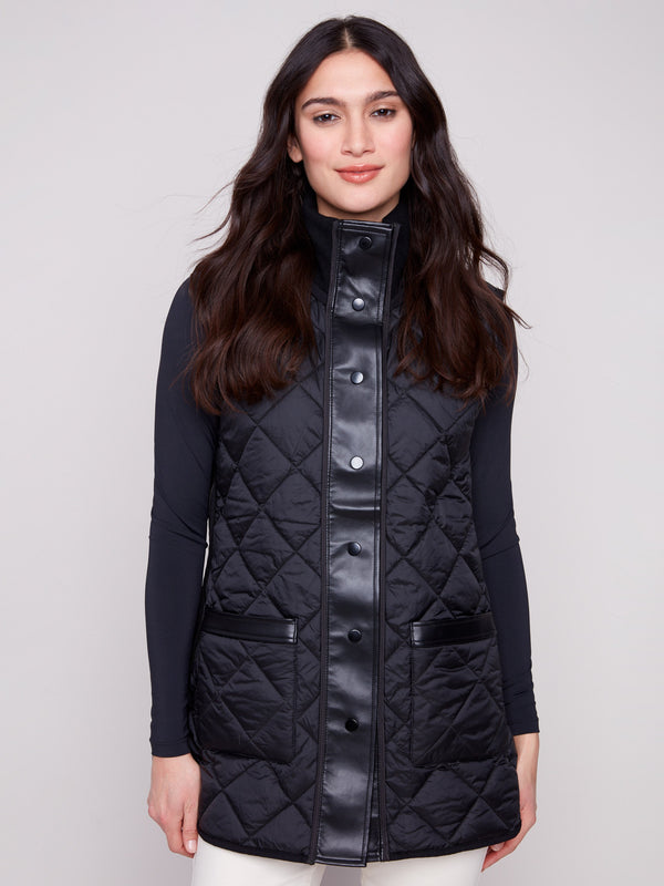 Elegant black vest featuring quilted texture and handy front patch pockets for added style by Charlie B.