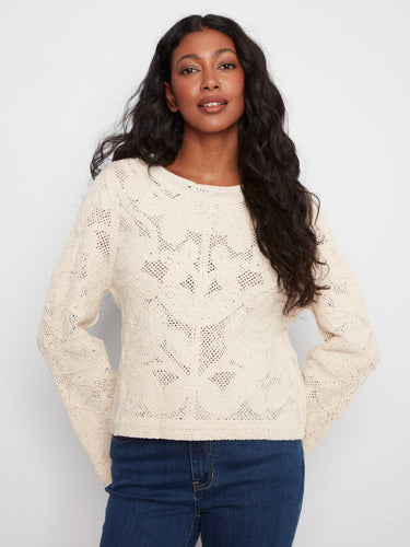 Natural crochet cardigan featuring a crew neckline, crafted from 100% cotton for comfort and style by Charlie B.
