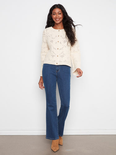 Natural crochet cardigan in a reversible design, providing multiple styling options by Charlie B.