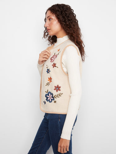 Stylish open-front design with floral embroidery on the cozy sherpa side, perfect for layering by Charlie B.