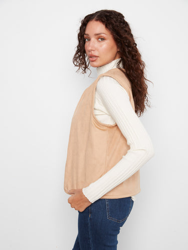 Elegant faux suede reverse side of this versatile sleeveless vest enhances any wardrobe effortlessly by Charlie B.