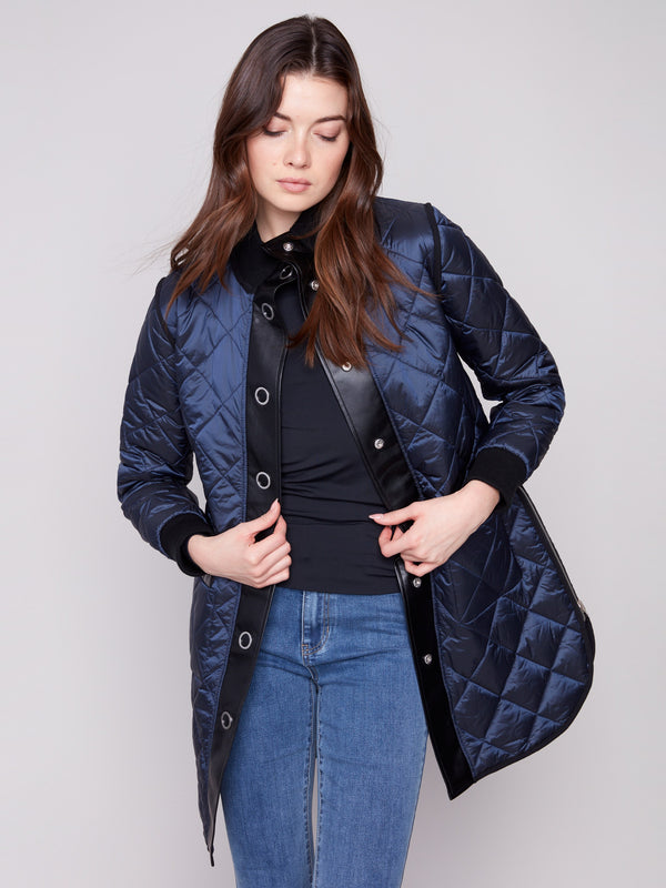 Reversible Long Quilted Puffer Jacket - Navy
