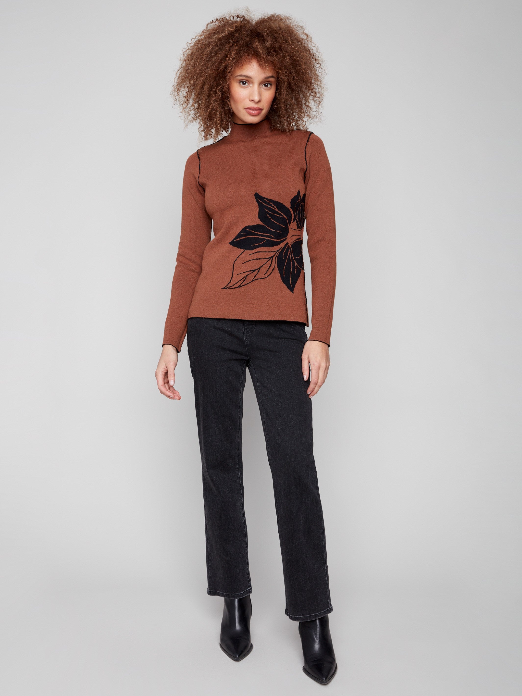 Reversible sweater in brown with an elegant leaf pattern, enhancing your wardrobe options by Charlie B.