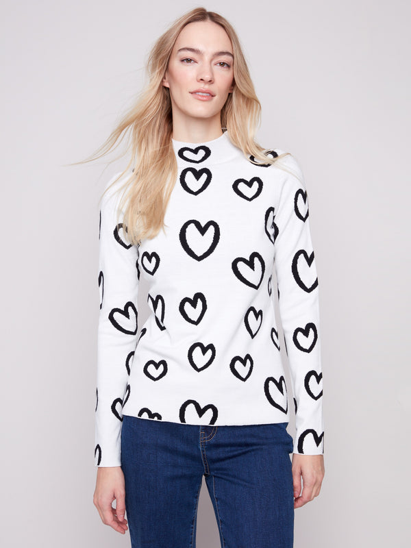 Slim fit sweater with heart pattern, showcasing a playful mock neck design by Charlie B.