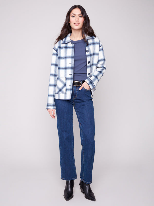 Plaid jacket featuring a classic shirt collar in moonlight, perfect for stylish layering by Charlie B.