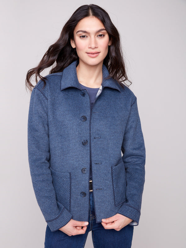 Experience the charm of the reversible design with this chic plaid jacket in moonlight by Charlie B.