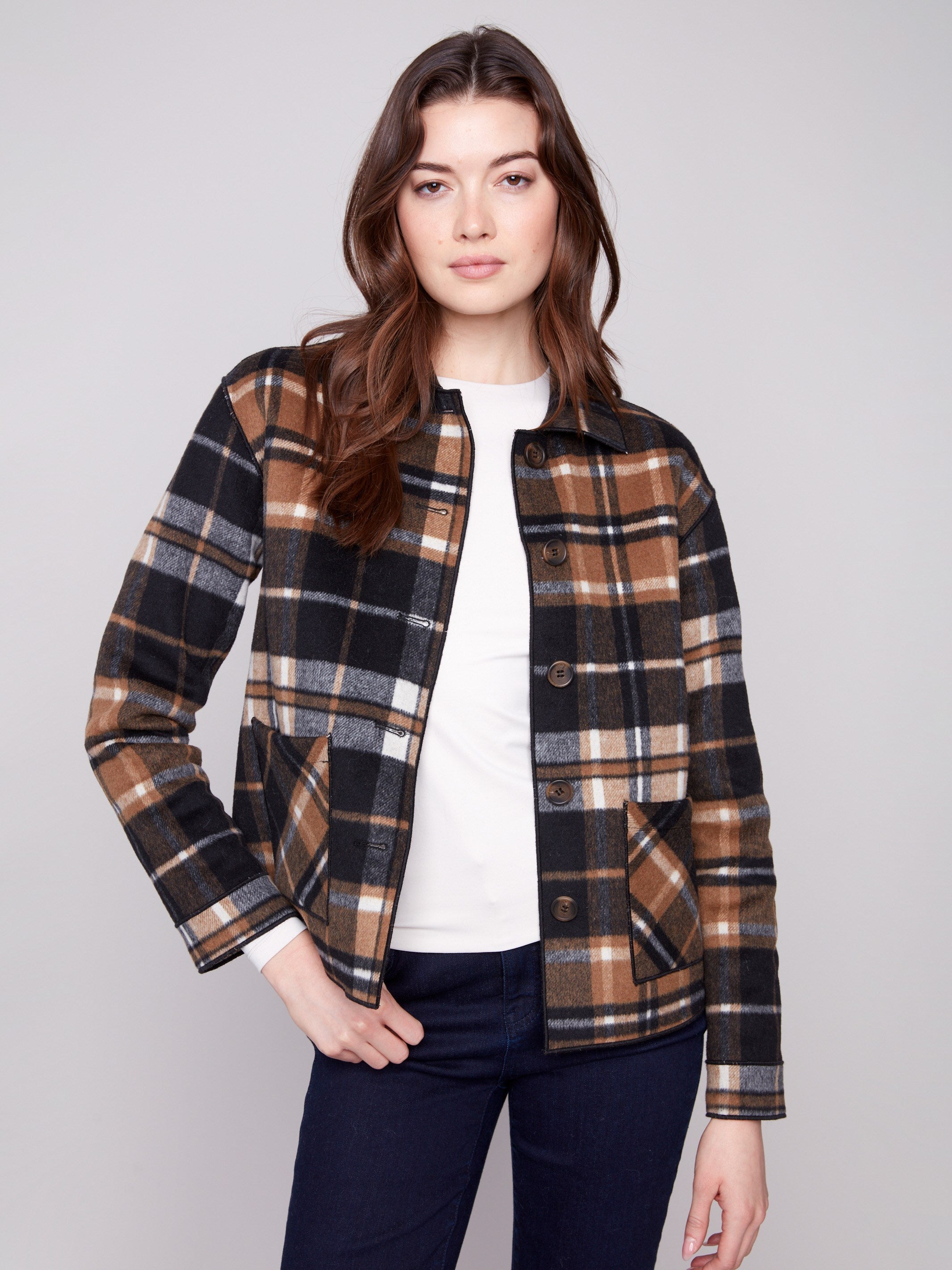 Plaid jacket featuring a classic shirt collar in cacao, highlighting its timeless appeal by Charlie B.