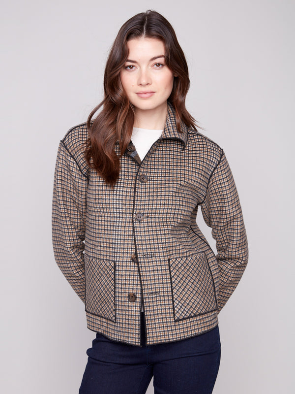 Cocoa plaid jacket with button front closure, offering both style and functionality by Charlie B.