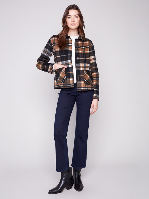 Chic plaid jacket with convenient patch pockets for added practicality by Charlie B.
