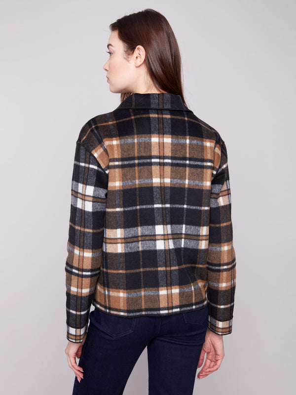 Elegant cocoa plaid jacket featuring a secure button front closure for added sophistication by Charlie B.