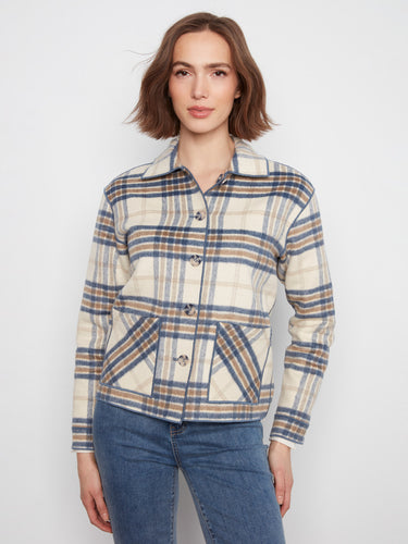 Plaid jacket featuring a classic shirt collar, perfect for versatile styling. By Charlie B.