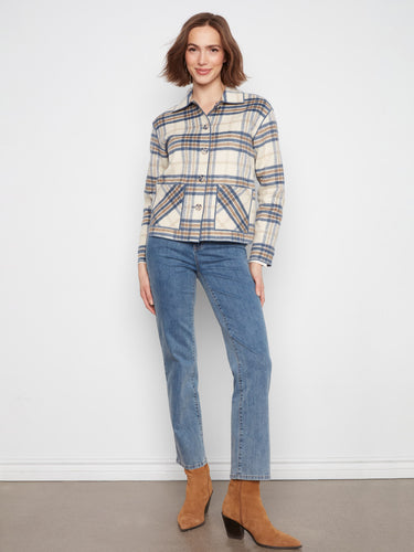 Casual plaid jacket designed with convenient patch pockets for added functionality. By Charlie B.