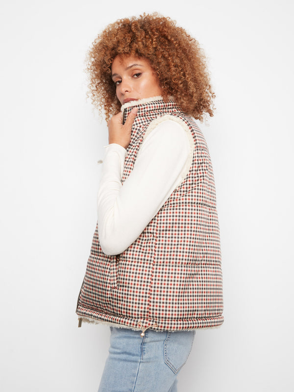 Reversible Plaid Quilted Sherpa Vest - Merlot
