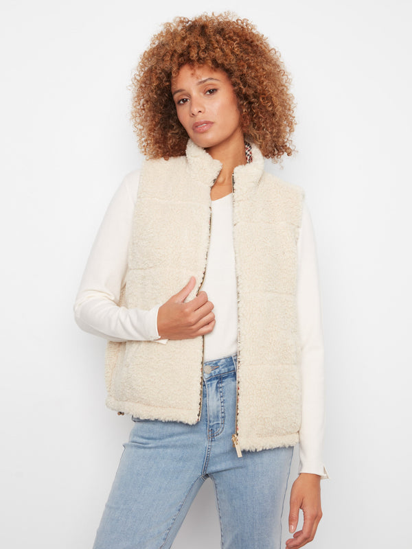 Reversible Plaid Quilted Sherpa Vest - Merlot