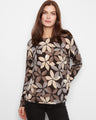 Sweater with a geometric pattern in warm tones, showcasing a crew neck and reversible design by Charlie B.