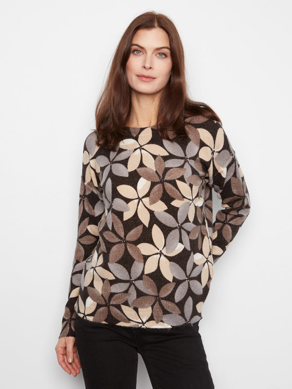 Sweater with a geometric pattern in warm tones, showcasing a crew neck and reversible design by Charlie B.