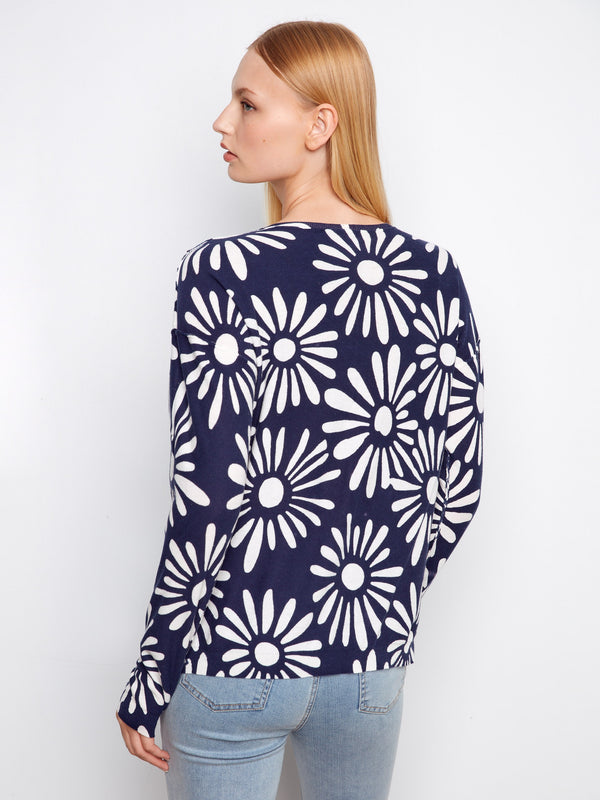 Elegant sunkiss and white floral sweater in breathable cotton fabric, ideal for layering in any season by Charlie B.