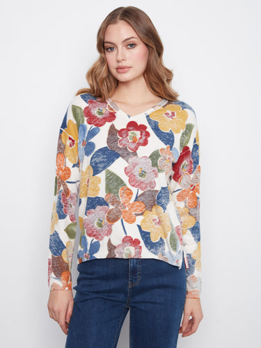 Floral sweater with a stylish V-neck, perfect for casual outings. Made from a soft cotton blend for comfort and style by Charlie B.