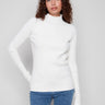 Ecru sweater with a slim fit design, featuring a cozy mock neck for added warmth by Charlie B.