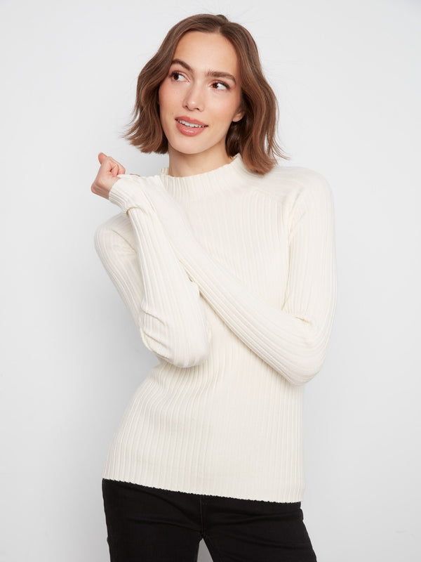 Ribbed Knit Mock Neck Sweater - Ecru