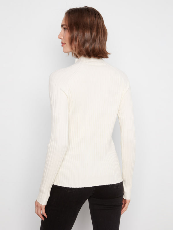 Ribbed Knit Mock Neck Sweater - Ecru