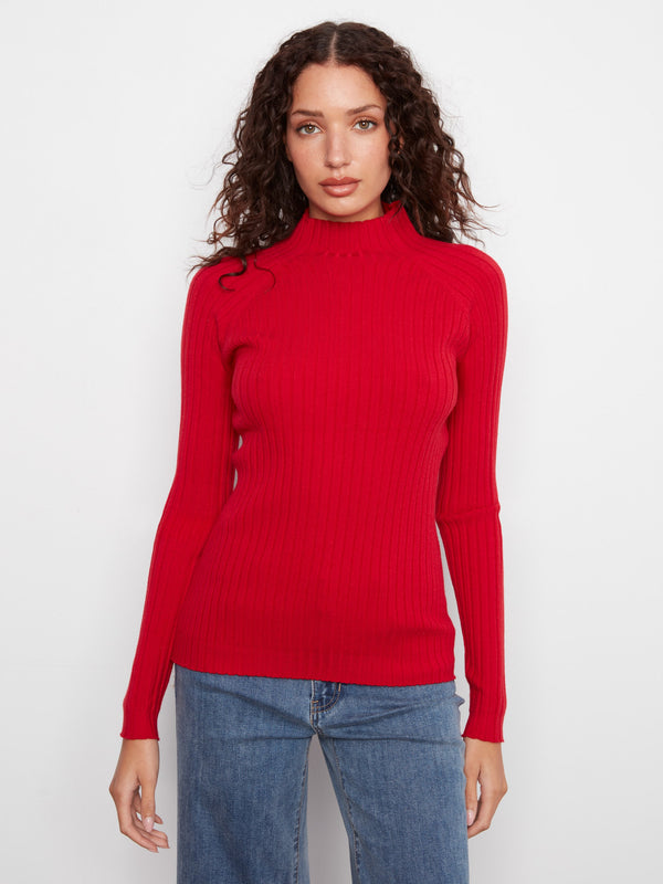 Ribbed Knit Mock Neck Sweater - Equestrian